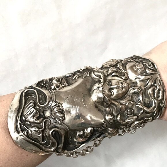 Goddess Sterling Silver Wide Bracer Bracelet Gladiator Cuff Art Nouveau … - Picture 10 of 13